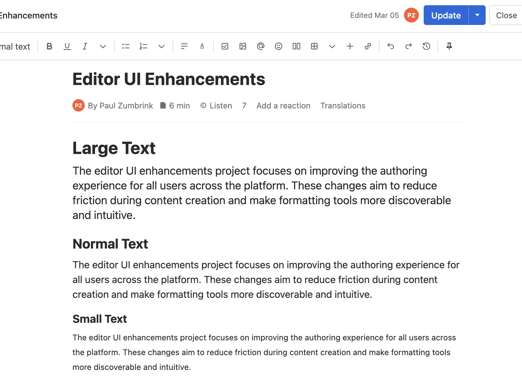 A page using all three text sizes
